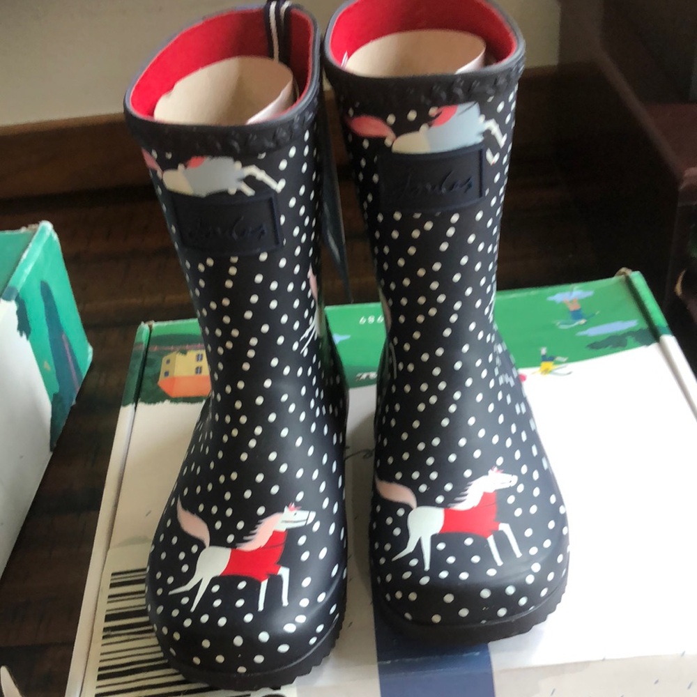 Joules Navy Polka Dot Unicorn Kids Rain Boots